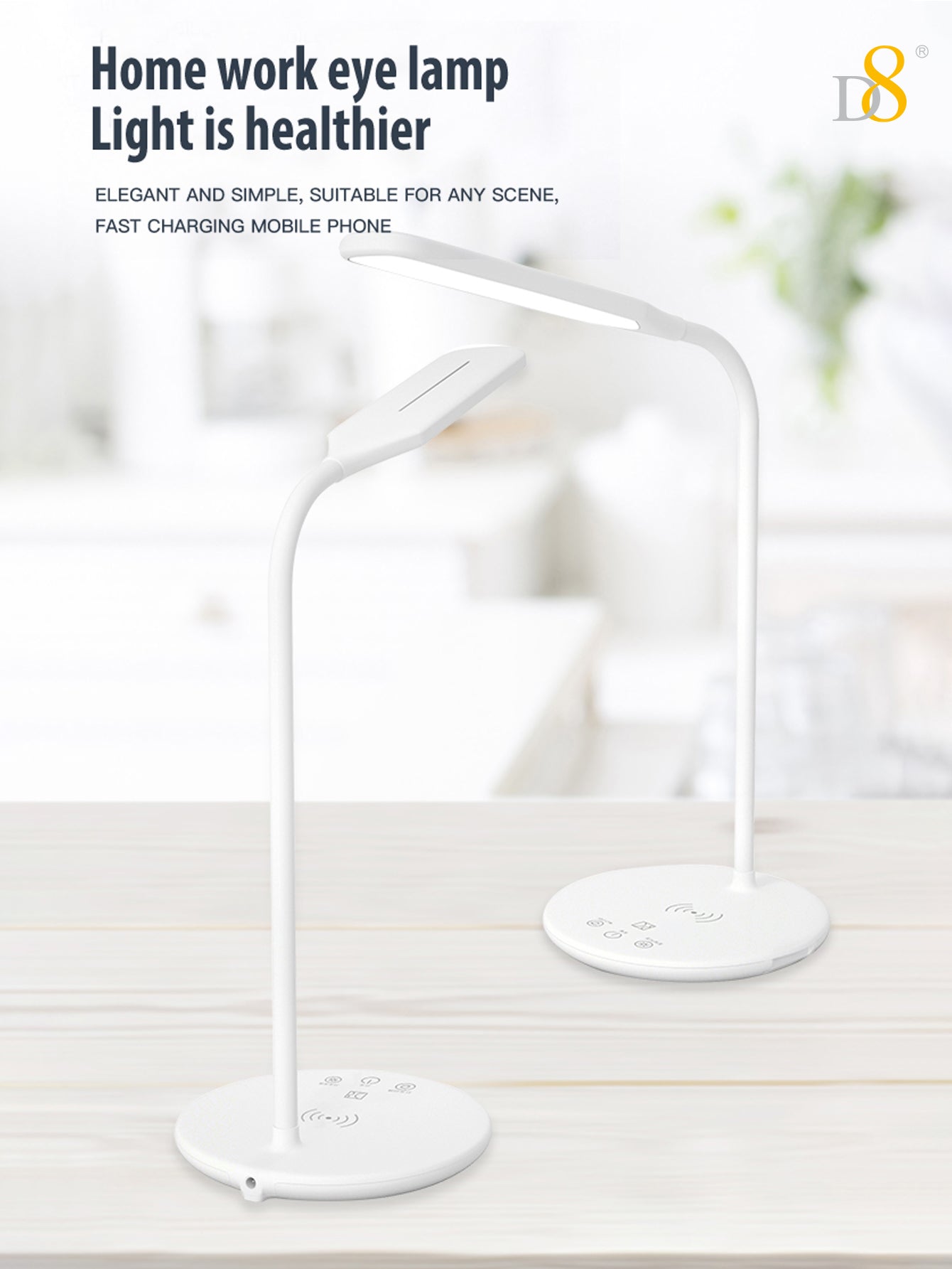 Wireless Charging LED Desk Lamp - Touch Dimmable, 15W Output