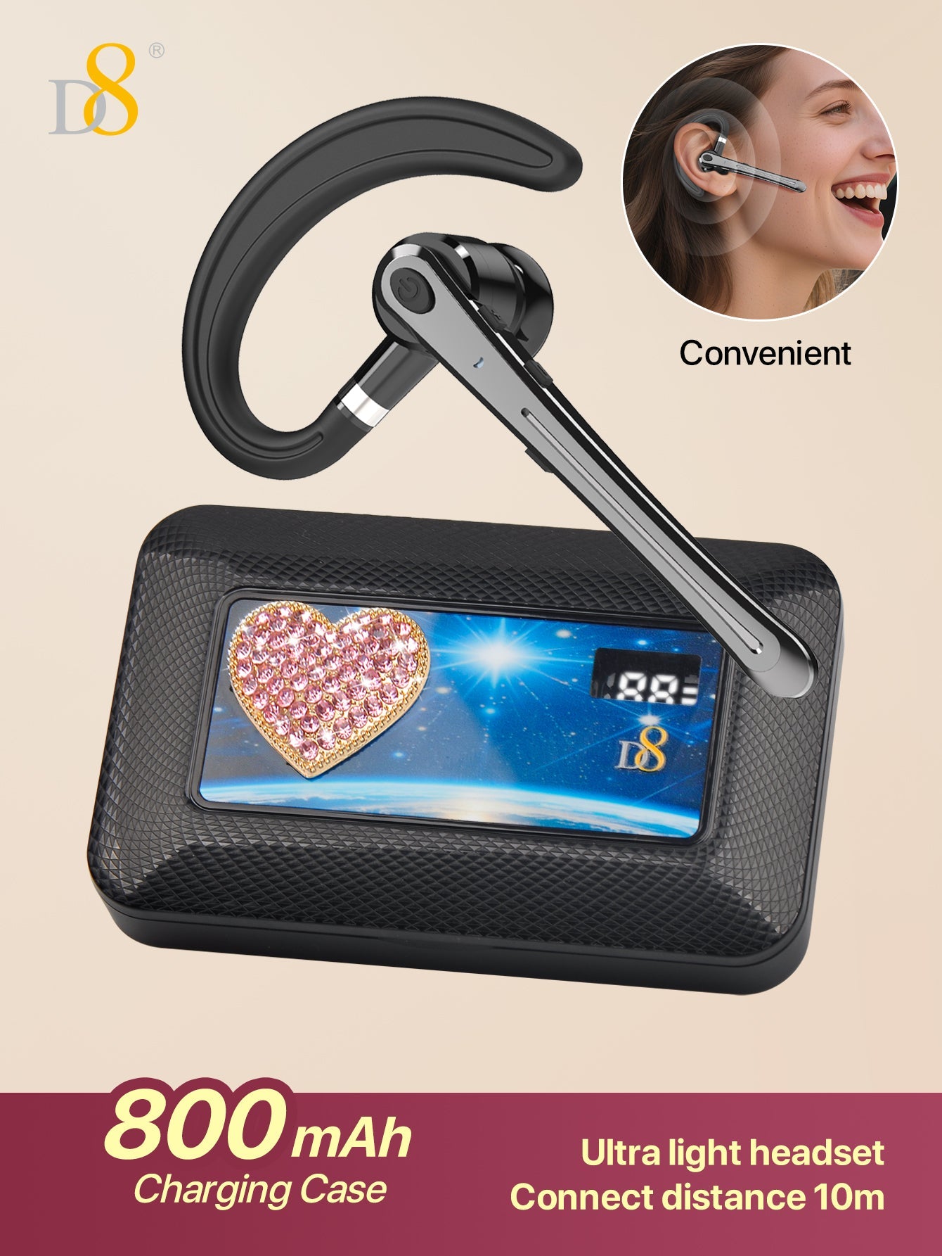 D8 Wireless Earbuds  Headphones ，Massive Charge Reserve Battery Base ，300H Long standby，In charging compartment，talk time on full charge:80HOURS，Single headset fully charged，talking time in the state:6-8HOURS, with LED Display Over-Ear Buds with Earhooks