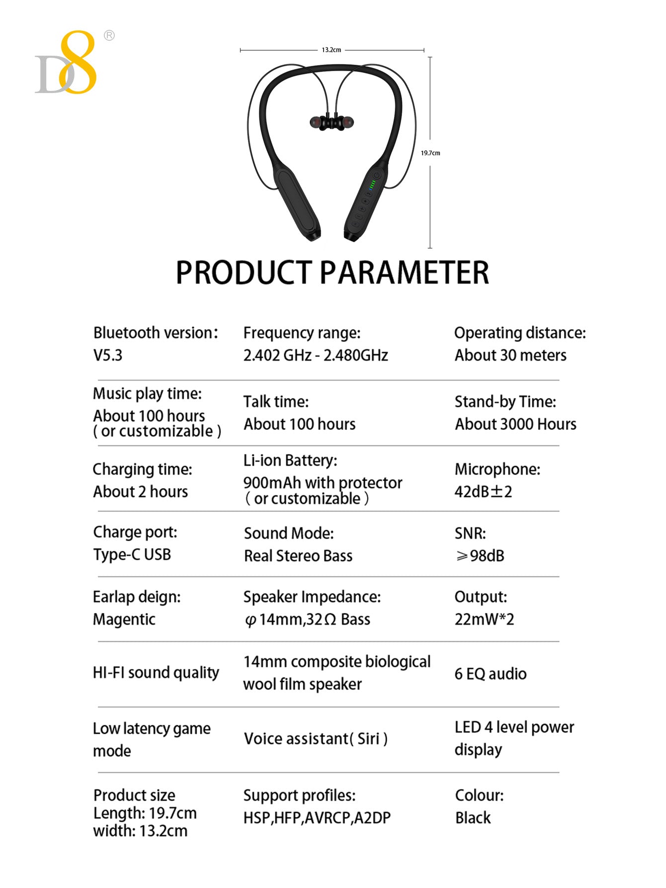 D8 Around The Neck Headphones ，100 Hours Extra Long Playback with Microphone Headset, Balanced Armature Drivers Stereo in Ear Wireless Headphones, Waterproof Workout Magnetic Neckband Earphone D8 Wireless Headphones Around Neck with Mic  Long Battery Life
