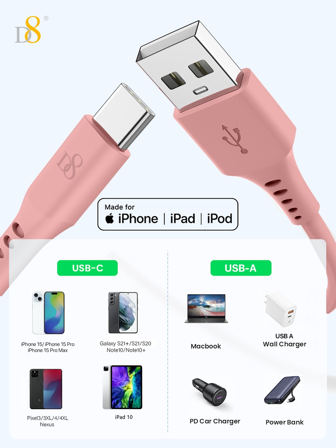 D8 USB C Cable, USB A to USB C Cable 3.3ft Soft Silicone USB C Cord, USB 2.0 Type C Charger Cable 3A Fast Charging Compatible with Samsung Galaxy A10e A20 A50 A51 A71, S20 S10 S9 S8 Plus,Note 9 8,A11 A20 A51, G6 G7 V30 V35,Moto Z2 Z3
