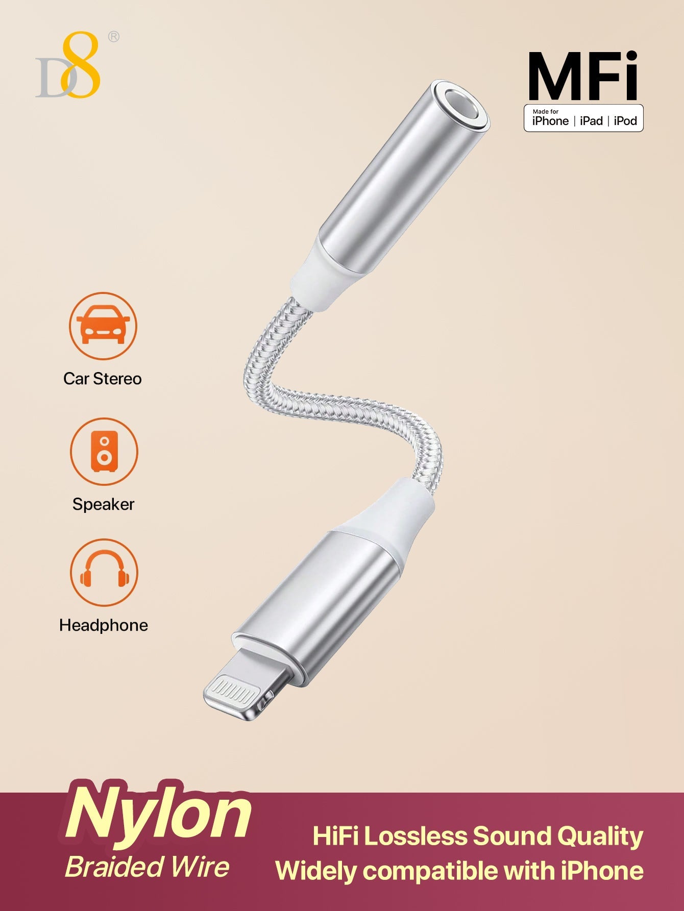 D8 MFi Certified Lightning to 3.5mm Headphone Adapter, iPhone Aux Dongle