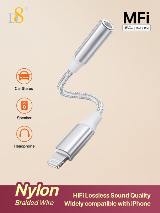 D8 MFi Certified Lightning to 3.5mm Headphone Adapter, iPhone Aux Dongle