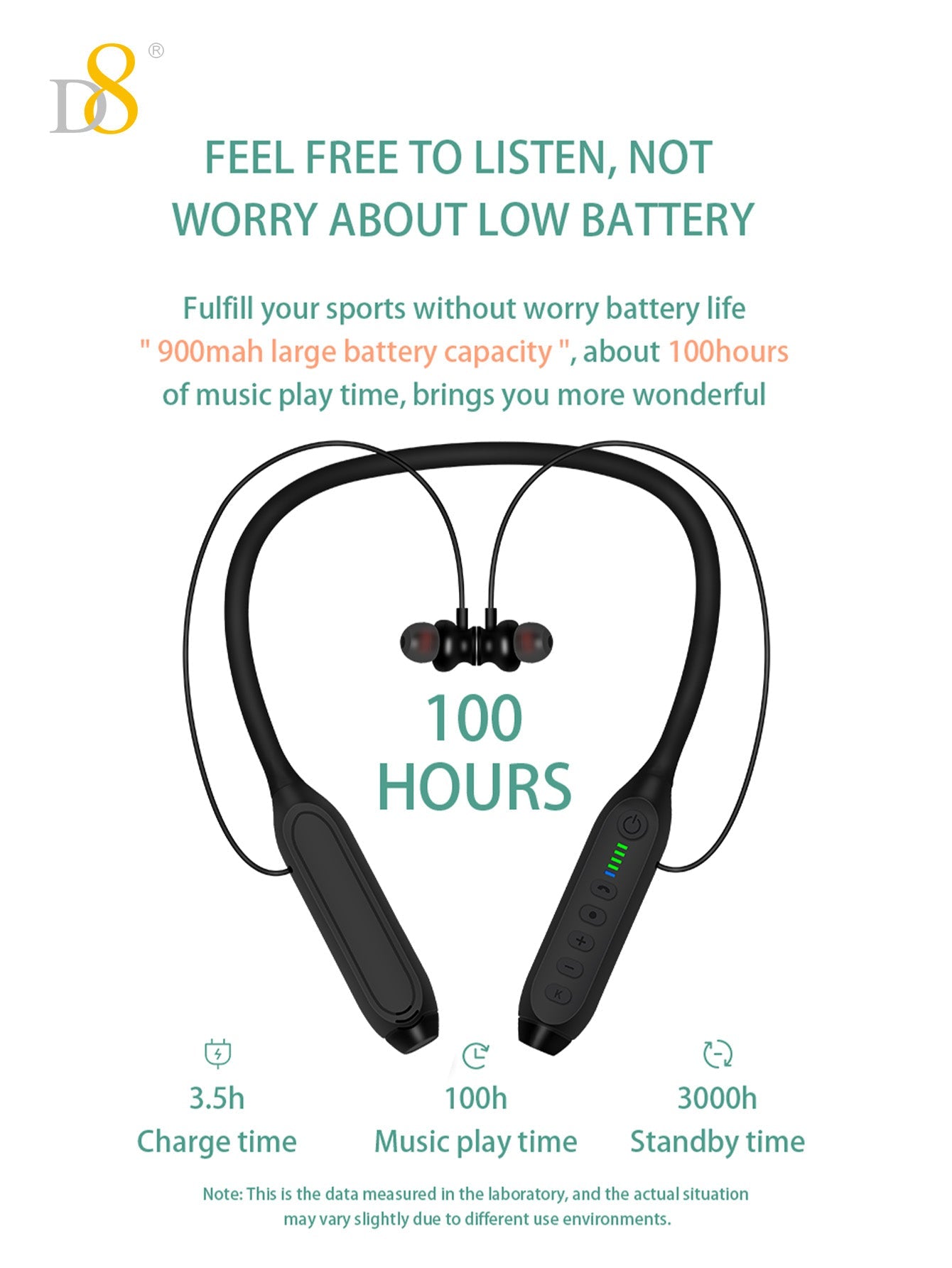 D8 Around The Neck Headphones ，100 Hours Extra Long Playback with Microphone Headset, Balanced Armature Drivers Stereo in Ear Wireless Headphones, Waterproof Workout Magnetic Neckband Earphone D8 Wireless Headphones Around Neck with Mic  Long Battery Life