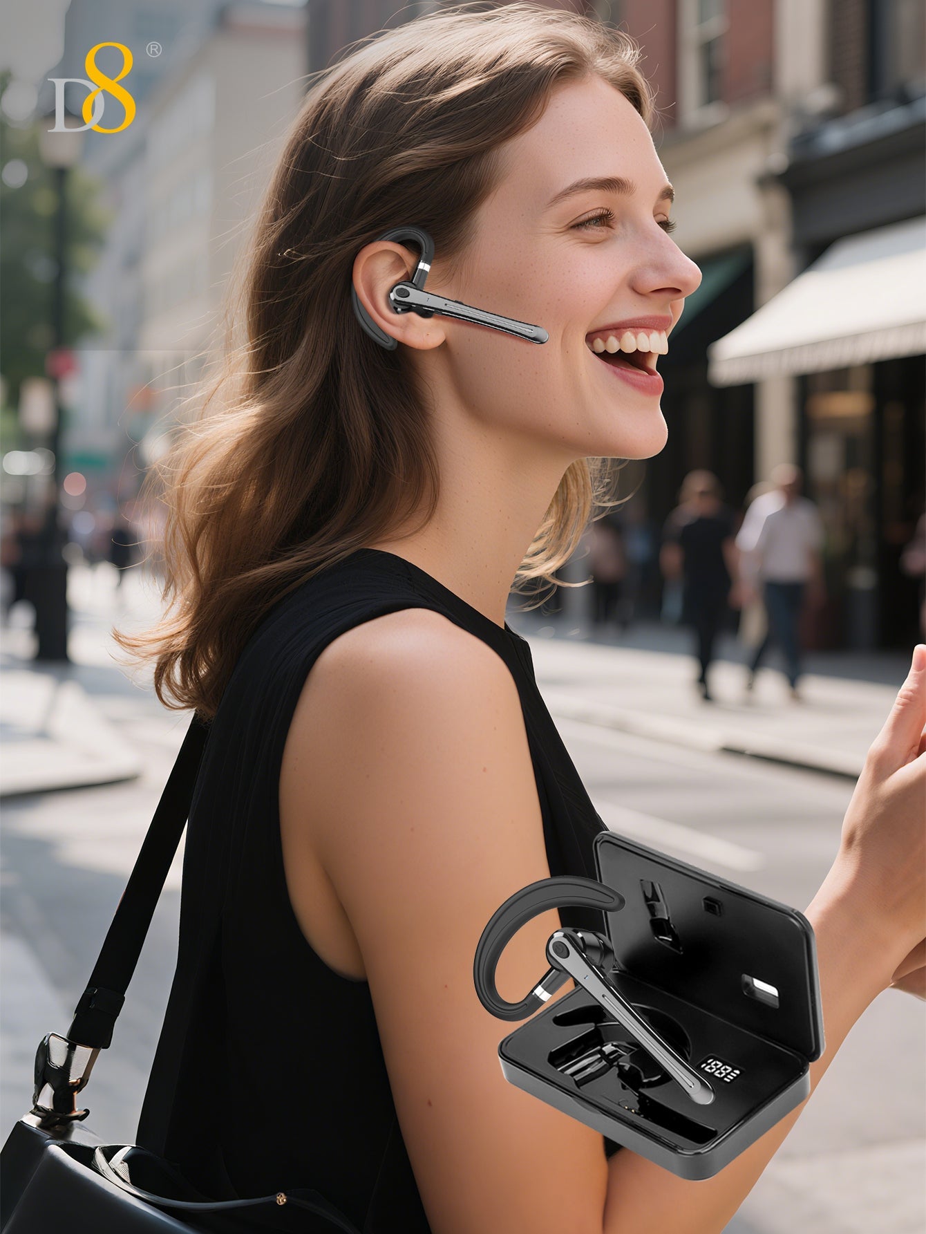 D8 Wireless Earbuds  Headphones ，Massive Charge Reserve Battery Base ，300H Long standby，In charging compartment，talk time on full charge:80HOURS，Single headset fully charged，talking time in the state:6-8HOURS, with LED Display Over-Ear Buds with Earhooks
