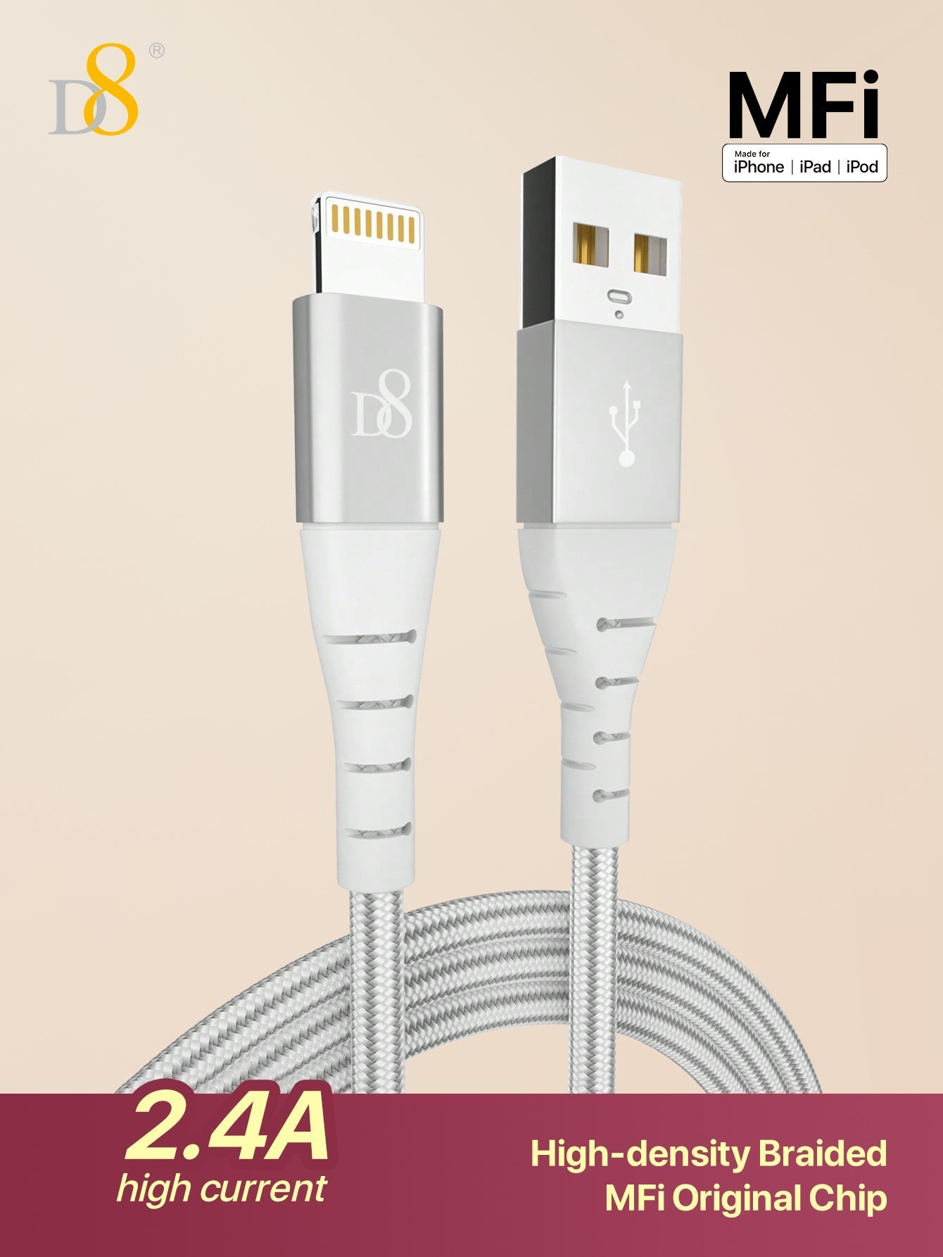 D8 Lightning Fast Charging Data Cable, High-Speed Charger Compatible with iPhone, iPad, and More
