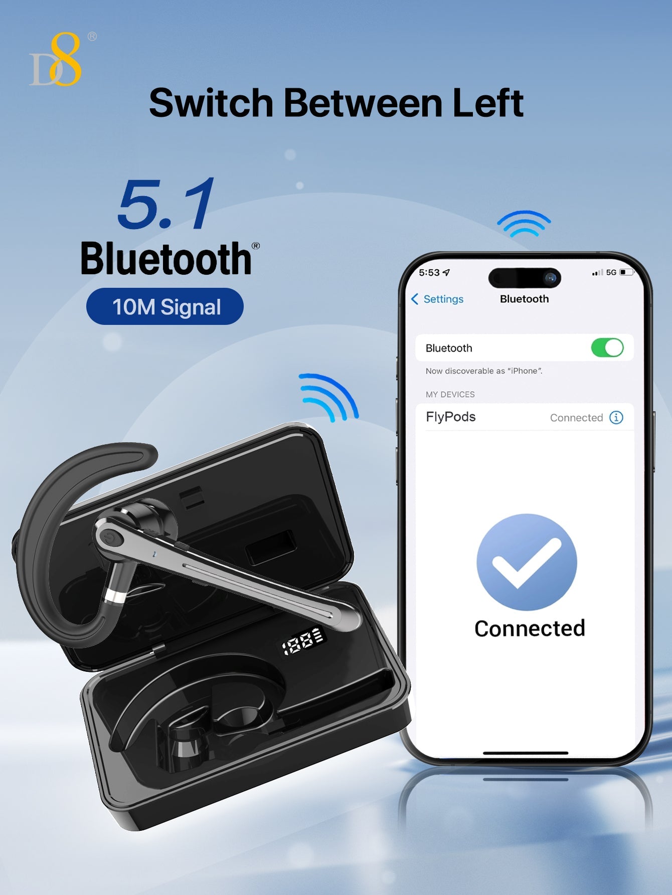 D8 Wireless Earbuds  Headphones ，Massive Charge Reserve Battery Base ，300H Long standby，In charging compartment，talk time on full charge:80HOURS，Single headset fully charged，talking time in the state:6-8HOURS, with LED Display Over-Ear Buds with Earhooks