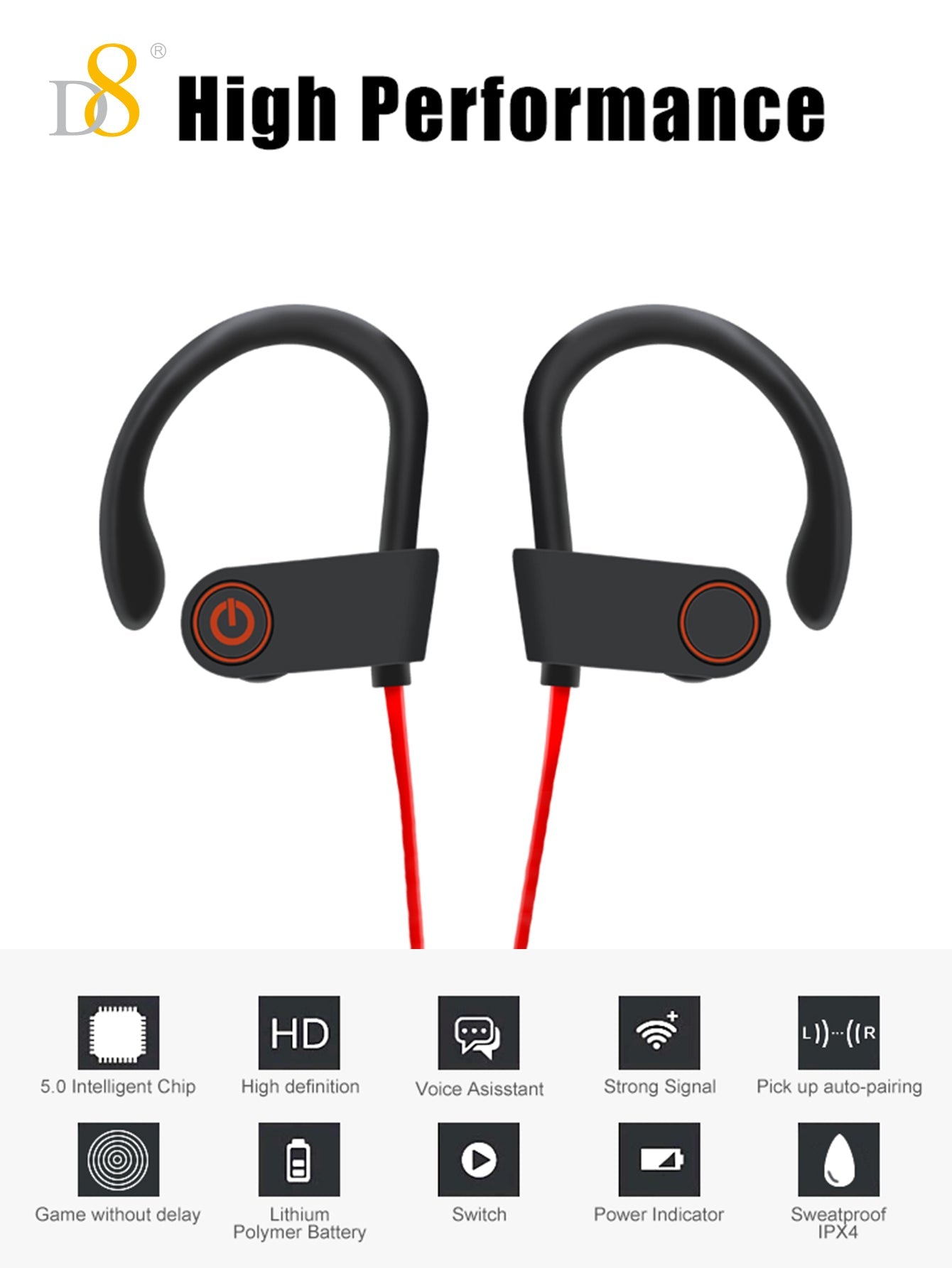 D8 Wireless Sports Earbuds, BT5.3, 10H Playtime, Deep Bass for Workouts