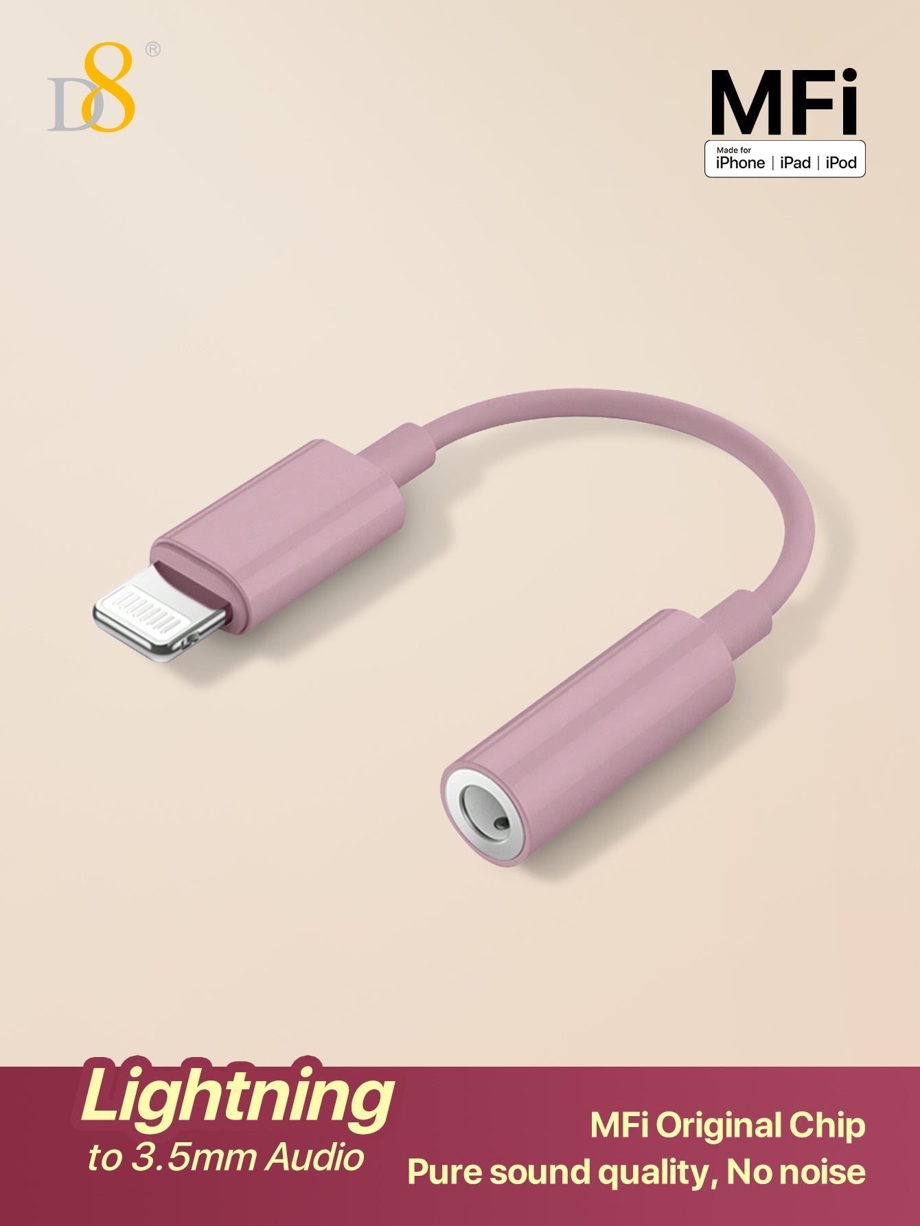 D8 MFi Lightning to 3.5mm Audio Adapter, HiFi DAC Stereo Mic Earphone Dongle