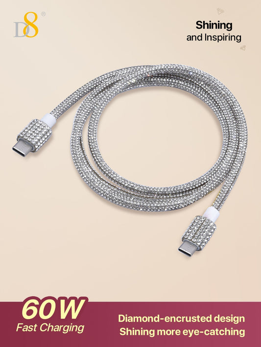 D8 USB-C Cable, 3.3FT 60W Fast Charge, Rhinestone Design for iPhone/Samsung