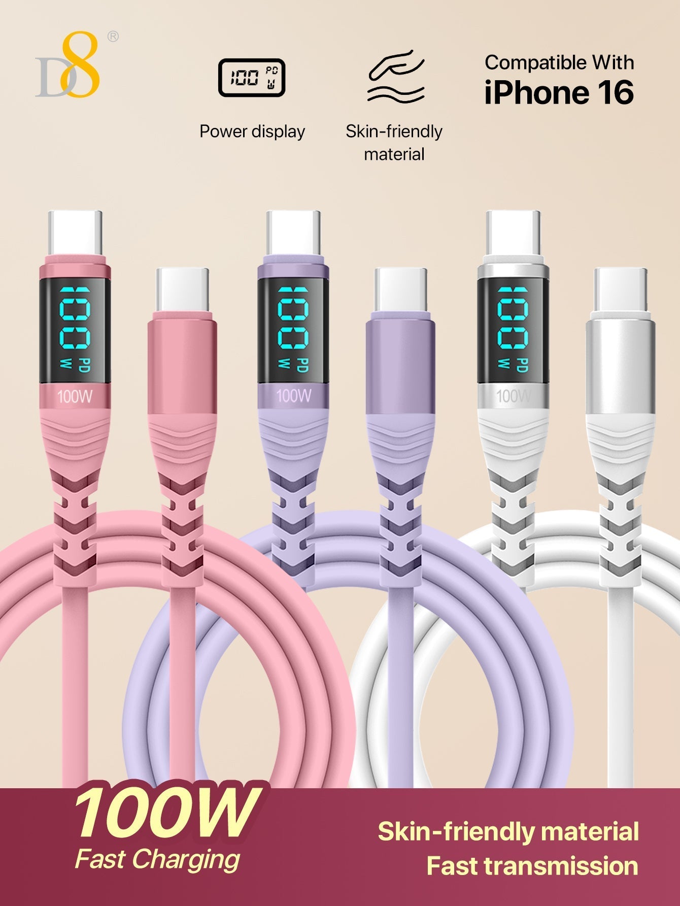 D8 USB-C Cable, 100W/5A Fast Charger with LED Display for iPhone/Galaxy/iPad