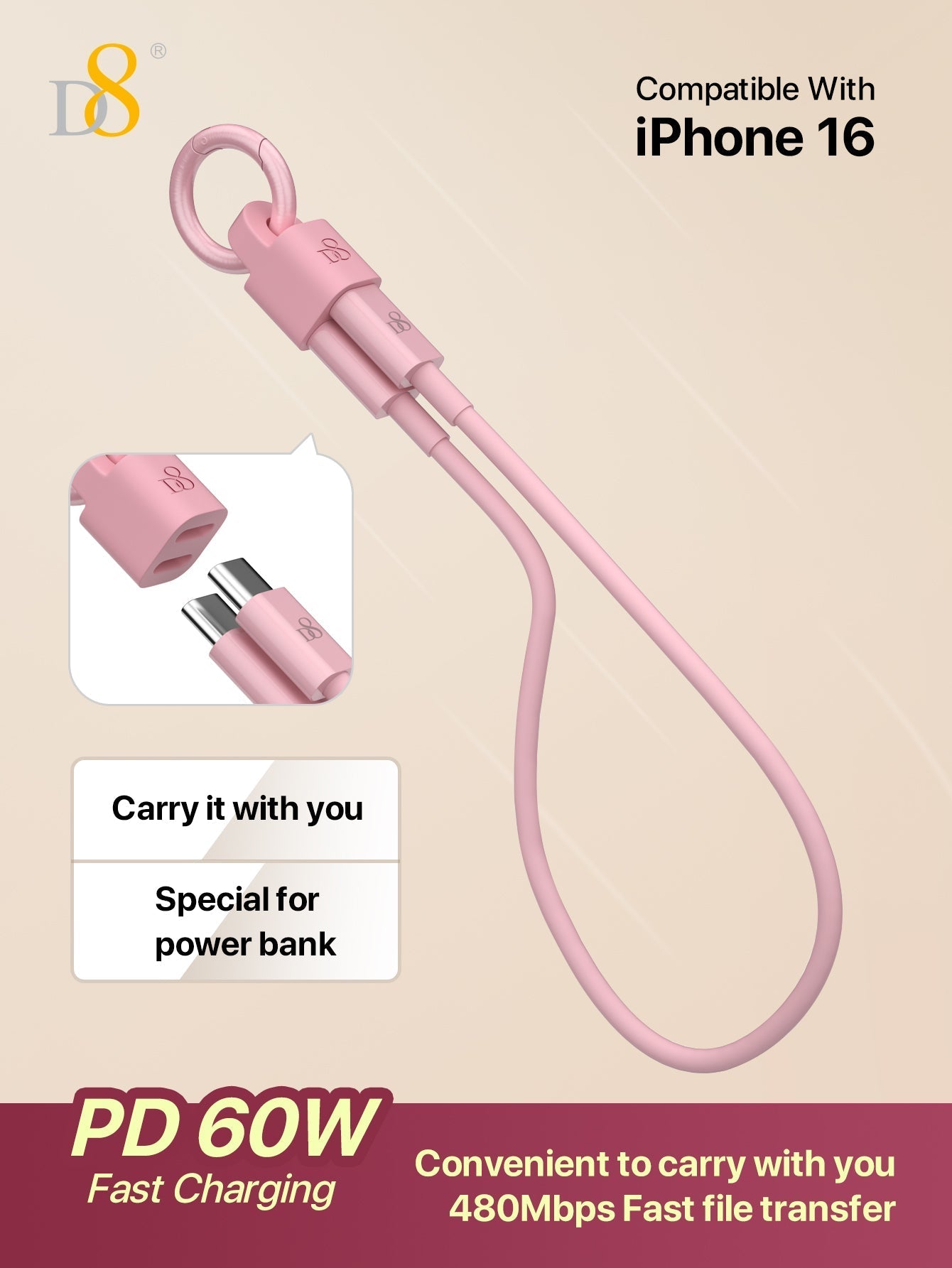 D8 USB-C Keychain Cable, 0.83FT 60W Fast Charge, Compact for iPhone/Galaxy