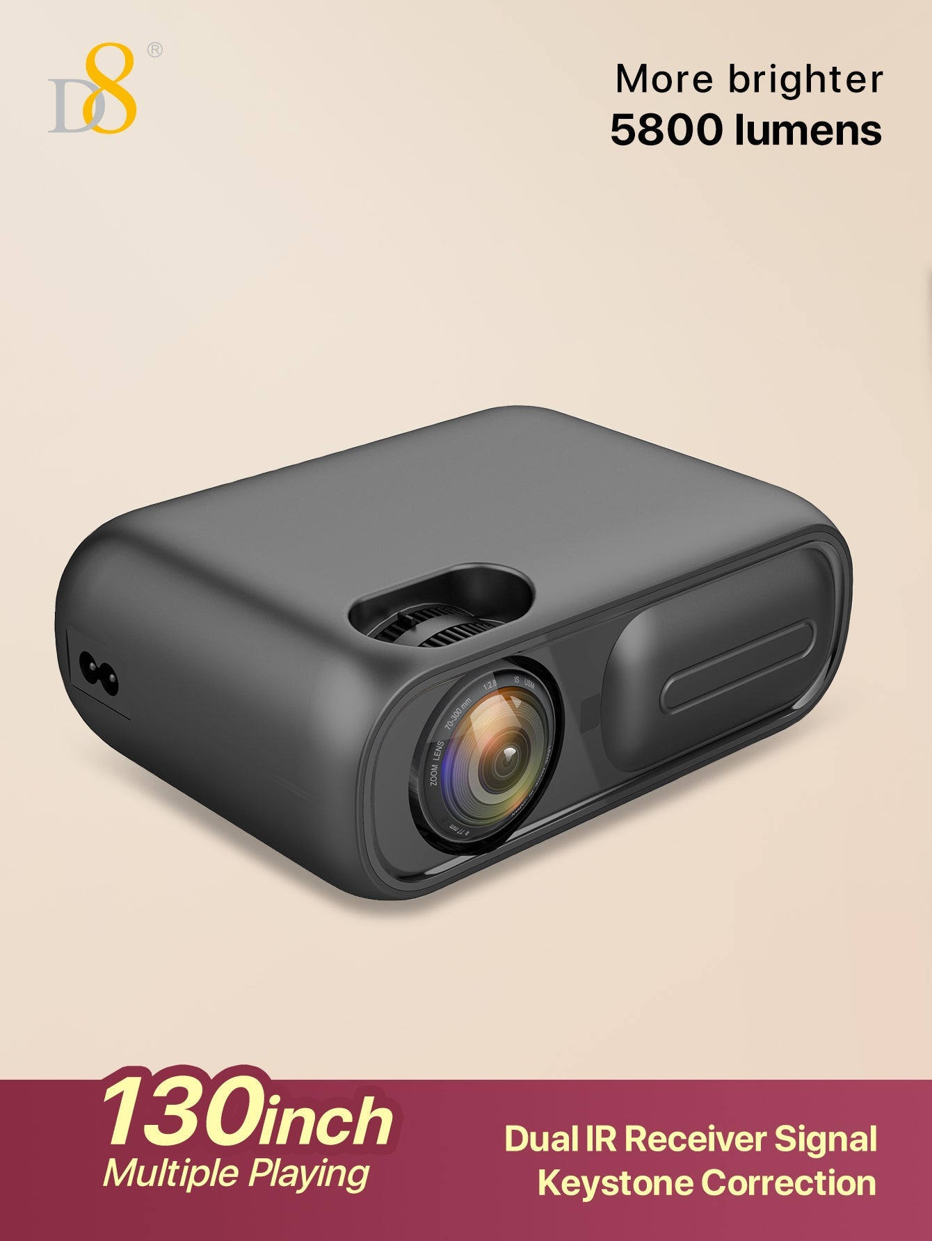 D8 High-Performance Projector – 5800 Lumens, 4K Support, Gaming Mode, 130" Screen