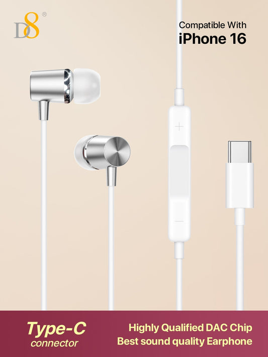 D8 USB Type C In-Ear Headphones with Mic & Volume Control – Compatible with iPhone 16, iPad & Galaxy